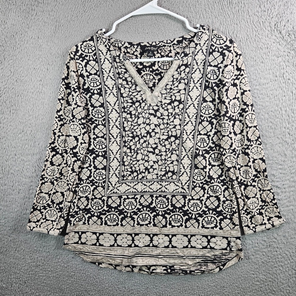 Lucky Brand Top Women Small Geometric Print Stretch Black Beige